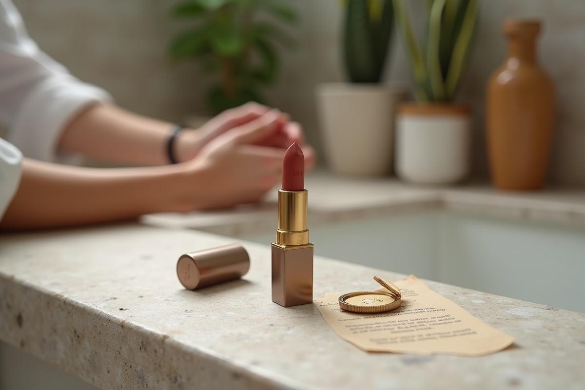 Rouge à lèvres ouvert avec miroir vintage sur un comptoir en pierre