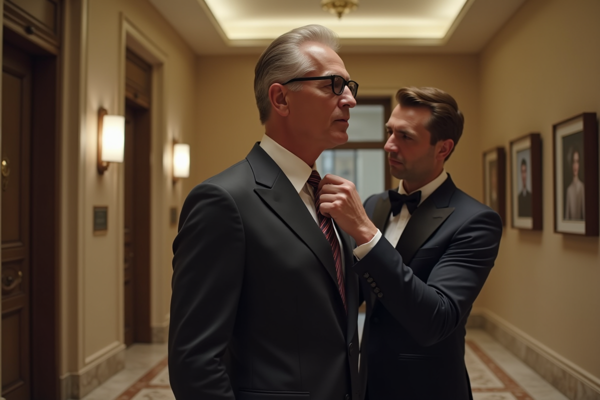 Célébrité en costume ajustant sa cravate dans un couloir élégant