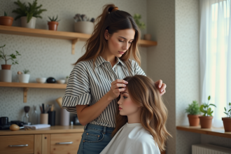 Jeune femme pratique une coupe sur un mannequin dans un salon cosy