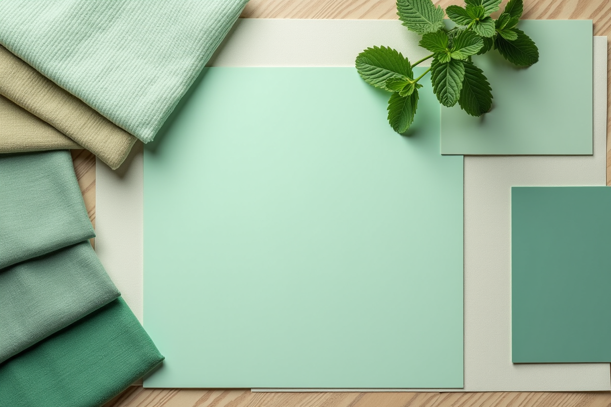 Disposition de tissus et peintures mint sur une table en bois