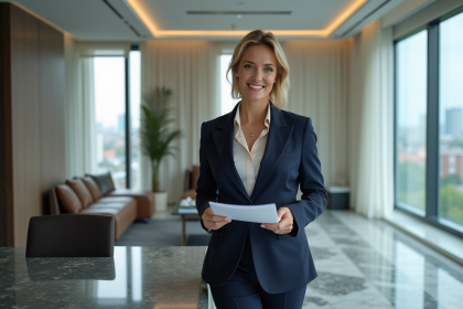 Femme d'affaires en costume dans un bureau moderne