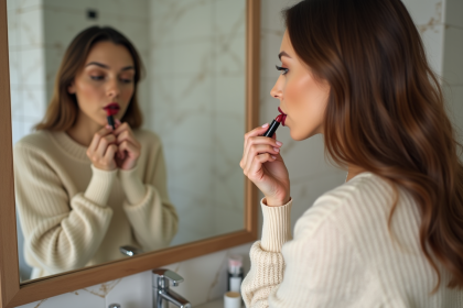 Femme appliquant du rouge &agrave; l&egrave;vres dans une salle de bain lumineuse