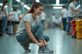 Jeune femme en tenue de sport attache ses chaussures dans une usine