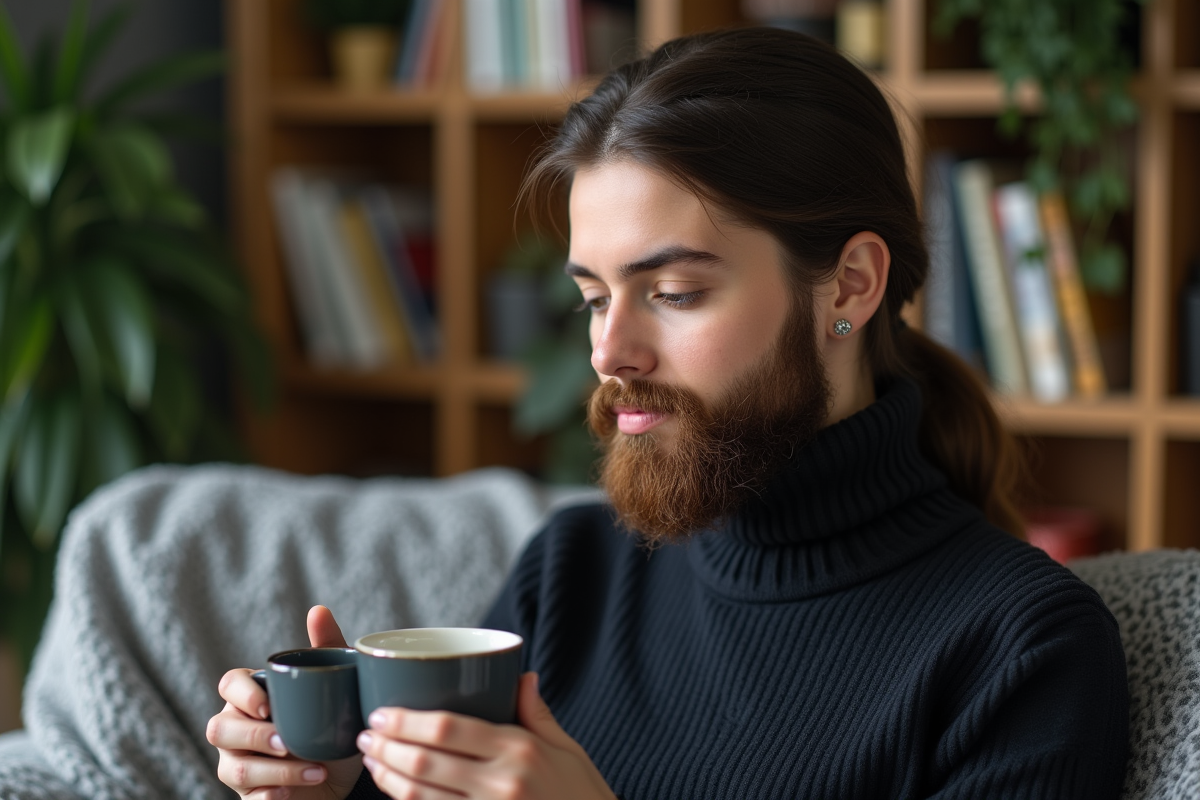Femme regardant sa barbe dans un salon cosy avec plantes