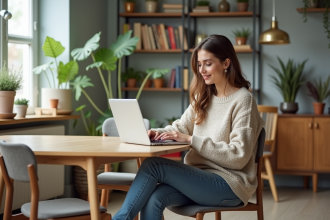 Jeune femme en pull cosy utilisant son ordinateur pour acheter en ligne