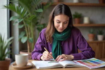 Femme &eacute;l&eacute;gante arrangeant des &eacute;chantillons de couleurs dans un caf&eacute;