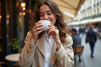 Femme élégante avec bagues à un café parisien