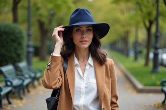 Femme élégante ajustant son chapeau dans un parc urbain