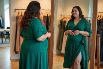 Femme confiante en robe verte dans une boutique moderne