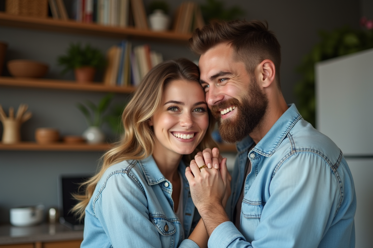 Femme touchant le barbe de son partenaire dans la cuisine