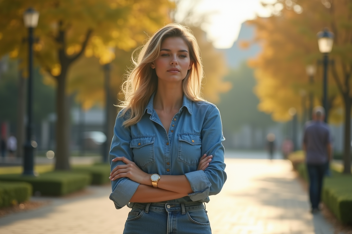 Femme décontractée marchant dans un parc ensoleillé
