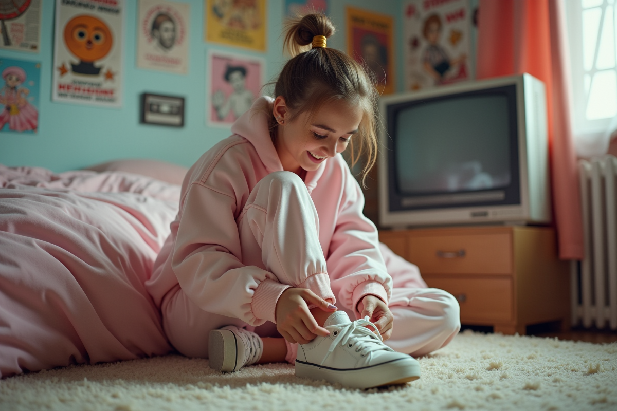 Jeune femme attachant ses sneakers vintage dans sa chambre