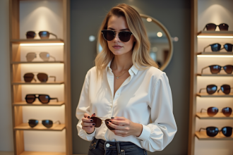 Femme élégante essayant des lunettes dans une boutique moderne