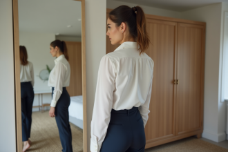 Femme regardant son reflet dans le miroir en tenue élégante