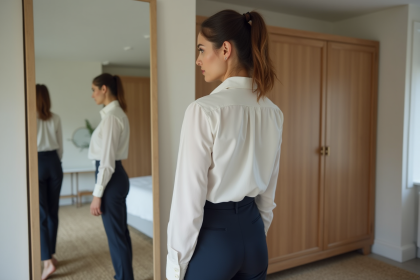 Femme regardant son reflet dans le miroir en tenue élégante