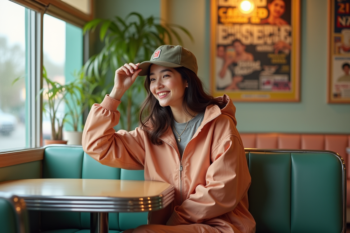 Femme en look 90s dans un café rétro