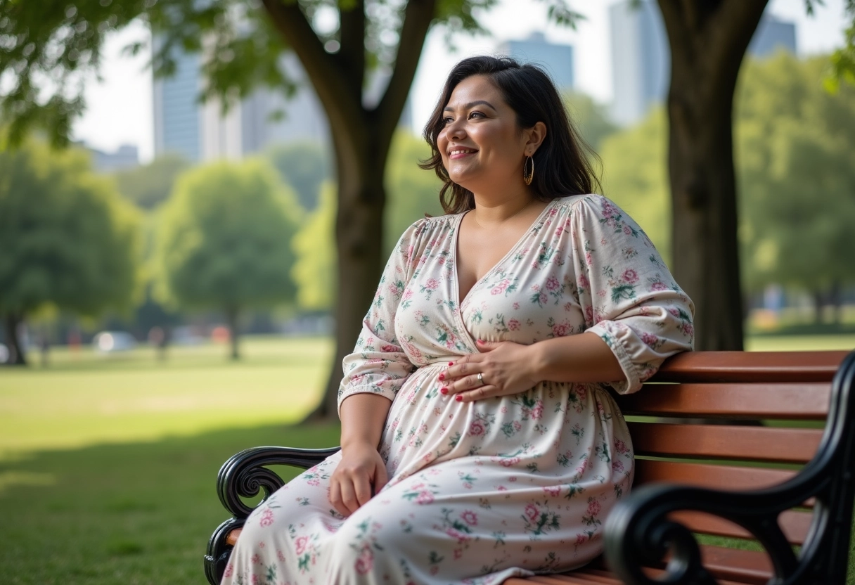 Femme en robe fleurie assise dans un parc en plein air