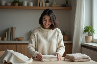 Femme repassant des vêtements dans une cuisine chaleureuse