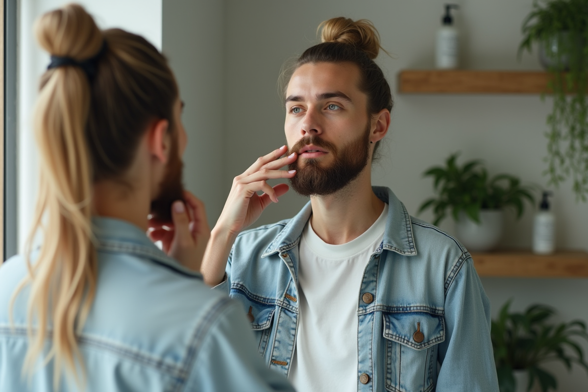 Femme appliquant huile pour barbe dans salle de bain