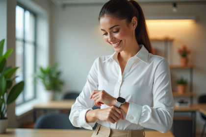 Femme élégante ajustant sa montre dans un bureau lumineux