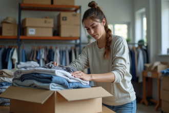 Jeune femme triant des vêtements dans un espace organisé