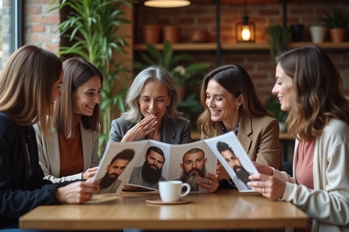 Femmes discutant autour d un café avec magazine de barbes