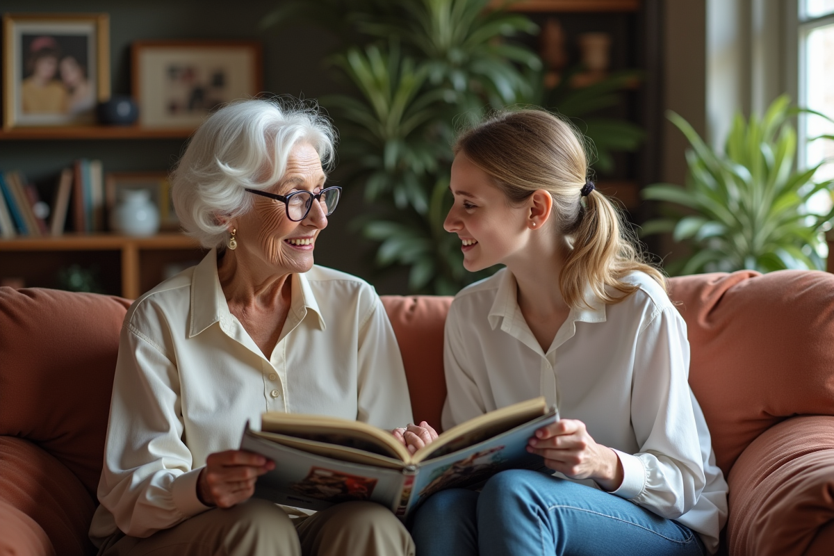Grand-mère et petite fille regardant des magazines mode