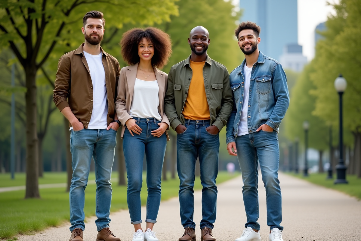 Groupe d amis dans un parc urbain en tenues décontractées