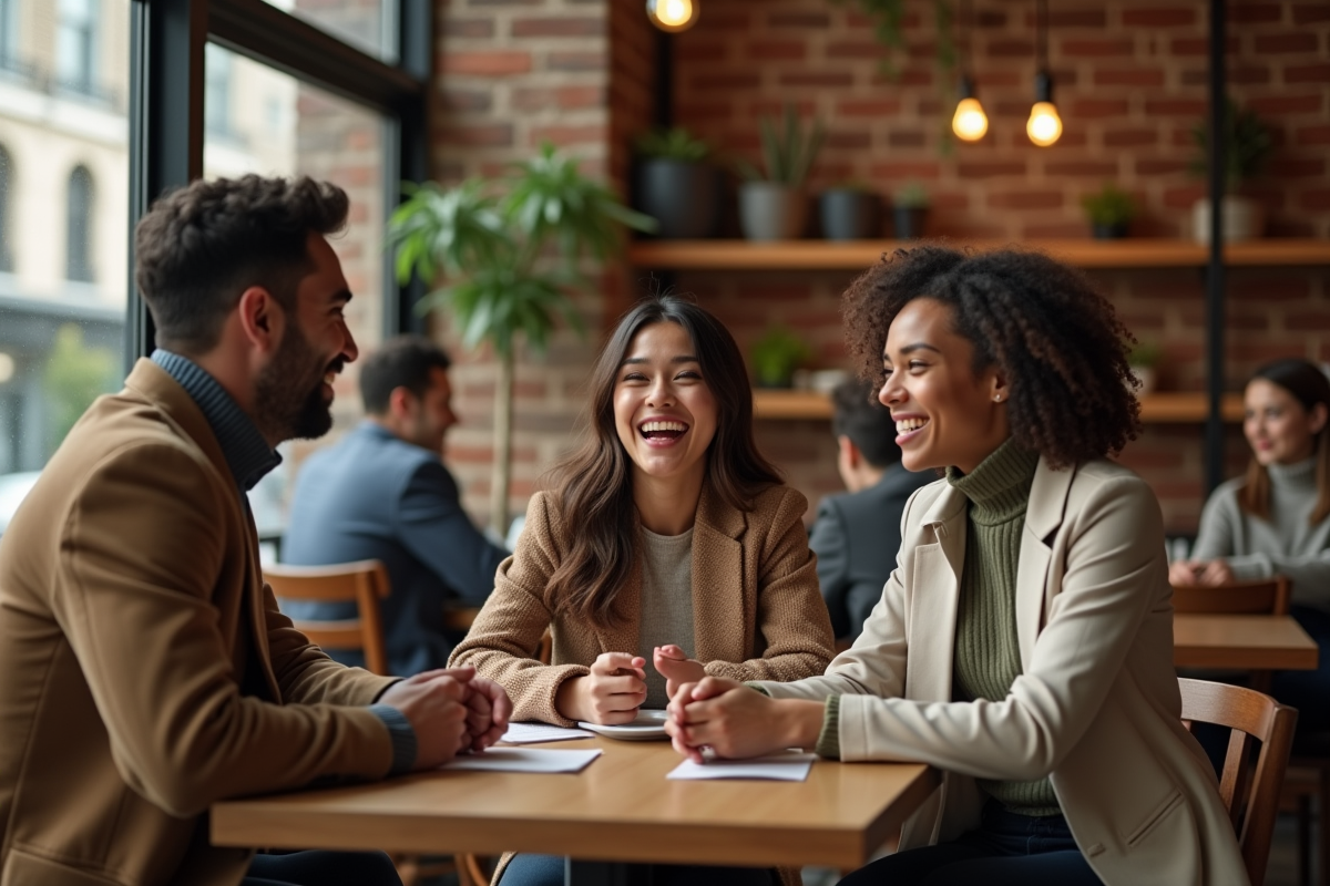 Groupe d amis riant au café intérieur