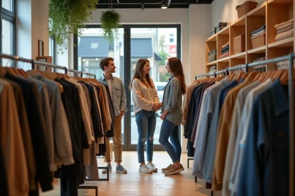 Trois jeunes adultes dans un magasin de v&ecirc;tements moderne