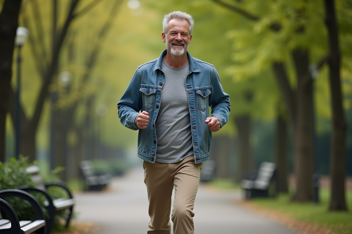 Homme de 60 ans en denim courant dans un parc urbain