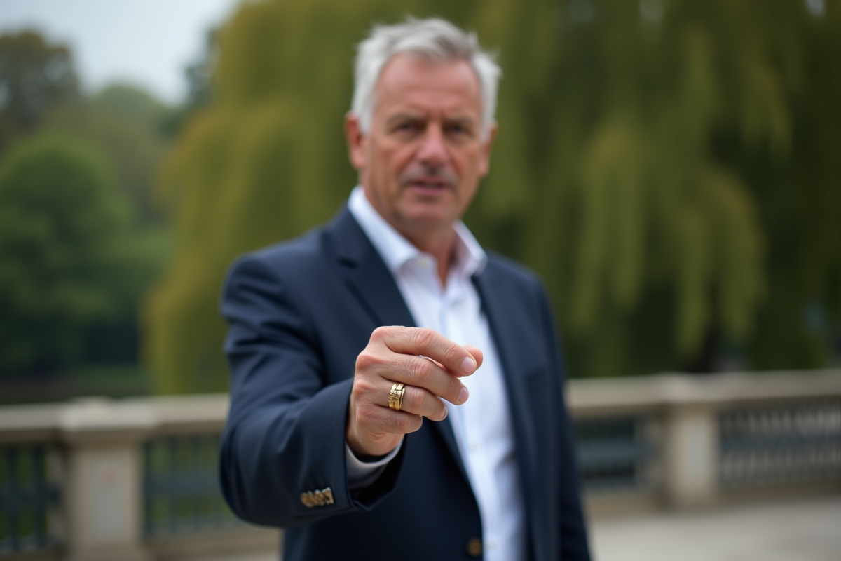 Homme en blazer tenant un anneau en or dans un parc
