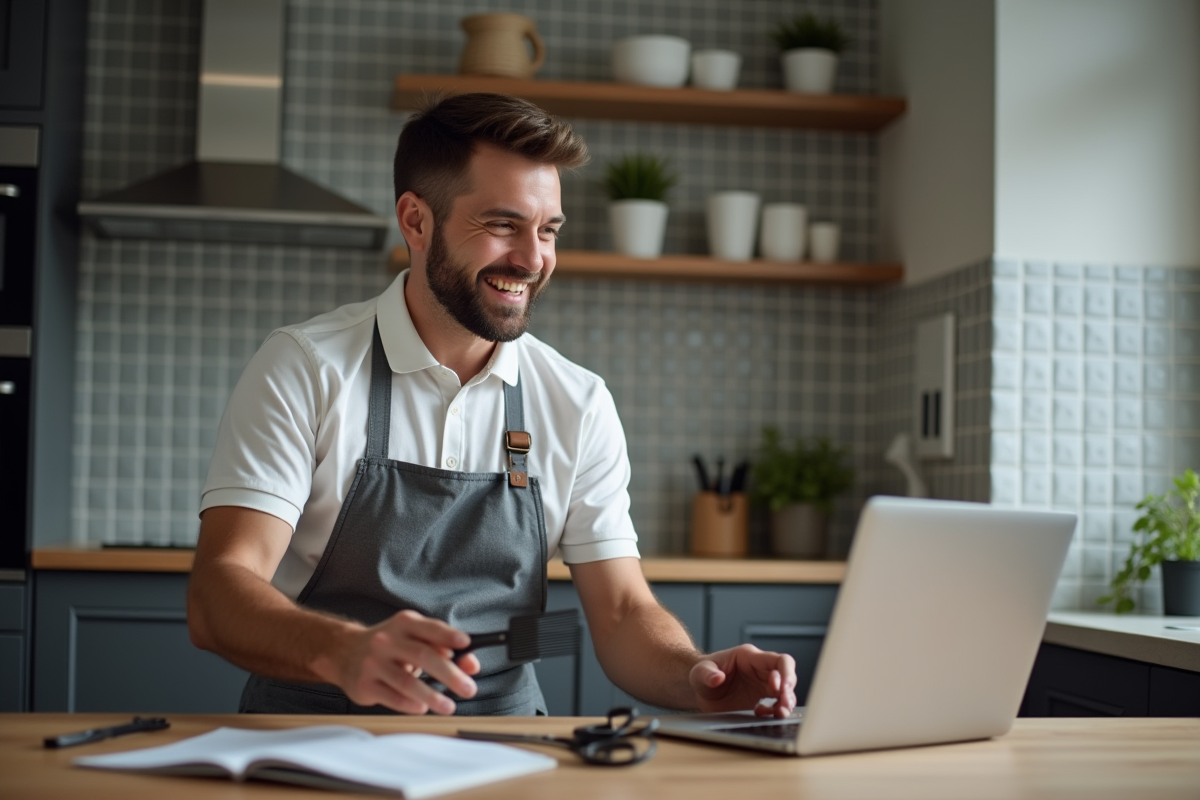 Homme souriant regarde tutoriel coiffure sur ordinateur dans cuisine