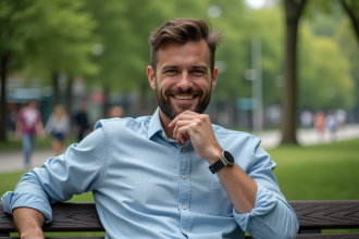 Homme barbu en plein air dans un parc urbain