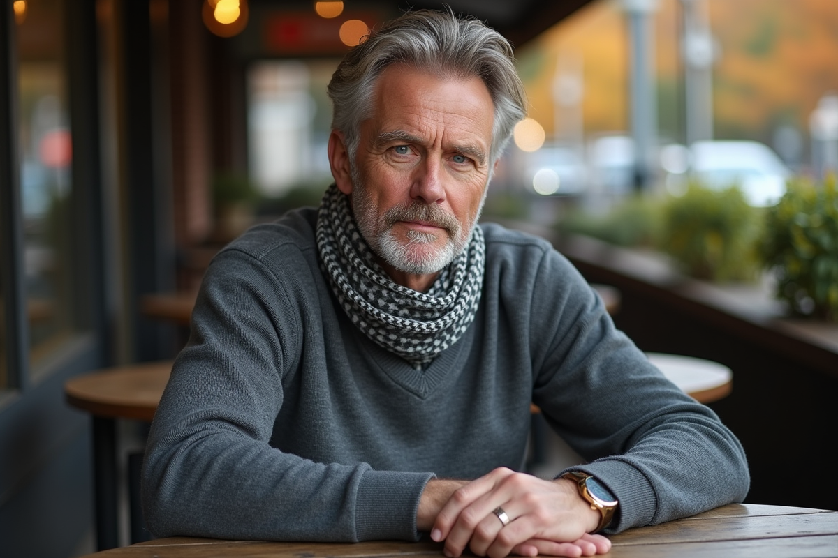 Homme aux yeux bleus assis dans un café d