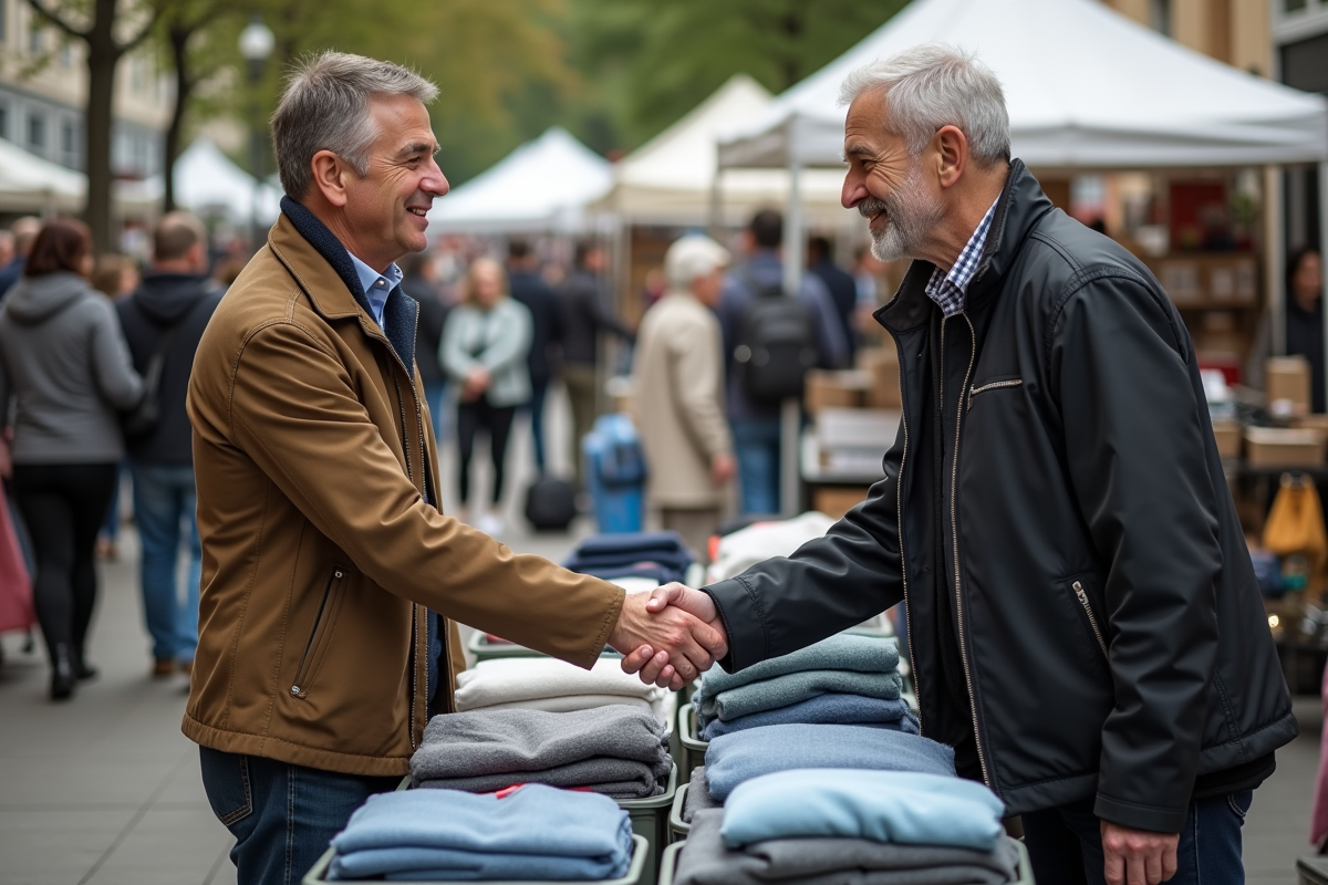 Homme et femme échangeant un accord devant des bacs à vêtements