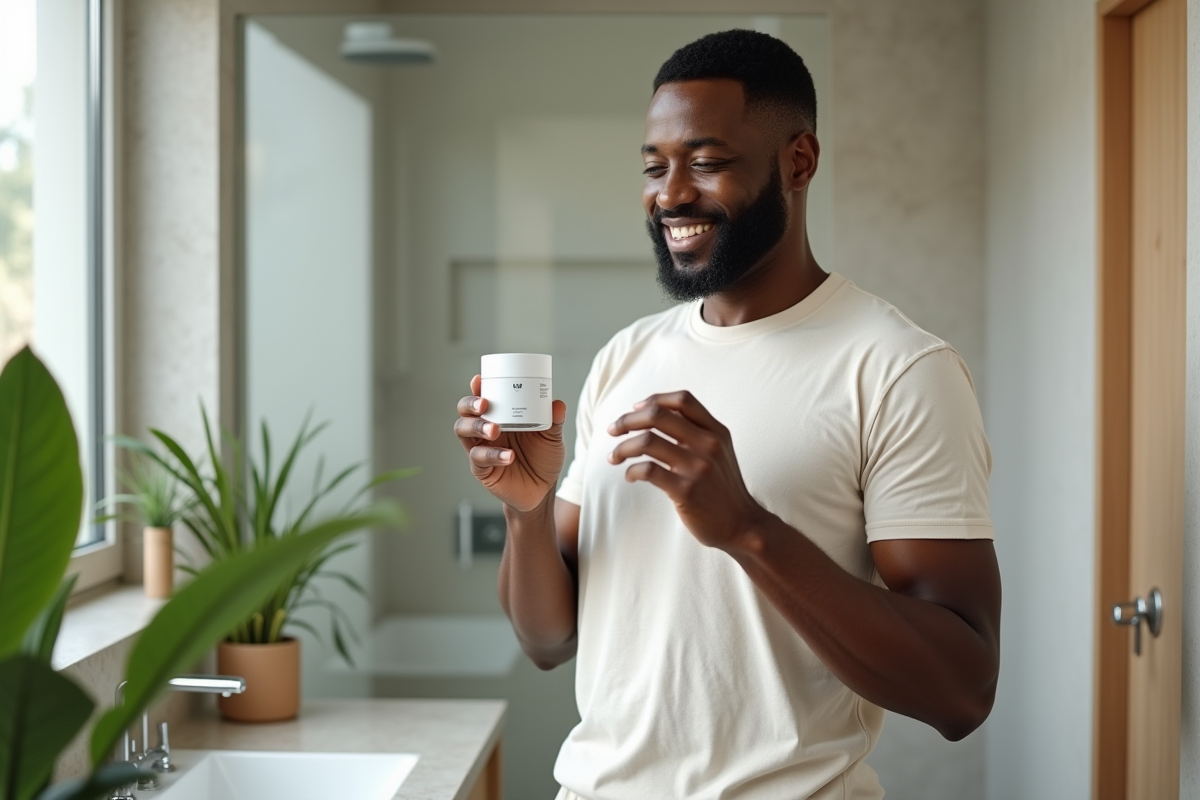 Homme noir examinant un pot de creme hydratante dans la salle de bain