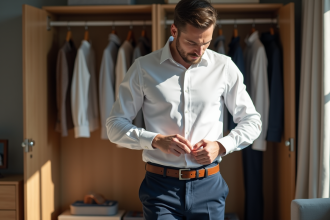 Homme en chemise blanche ajustant une ceinture en cuir