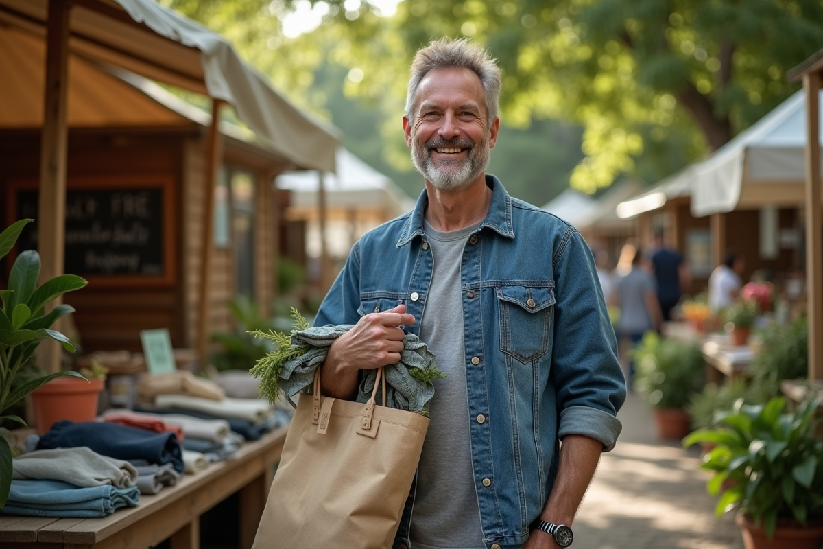 Homme souriant avec sac de vêtements d