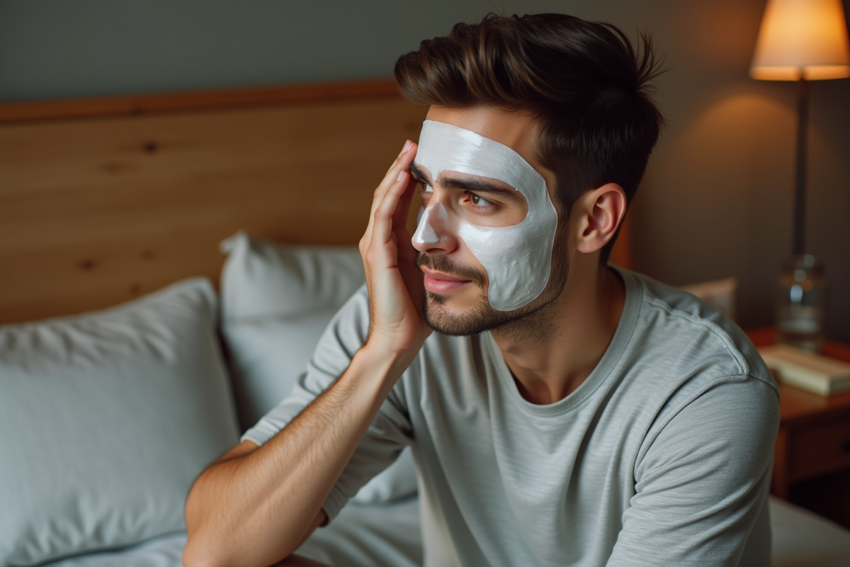 Homme appliquant masque visage dans chambre cosy