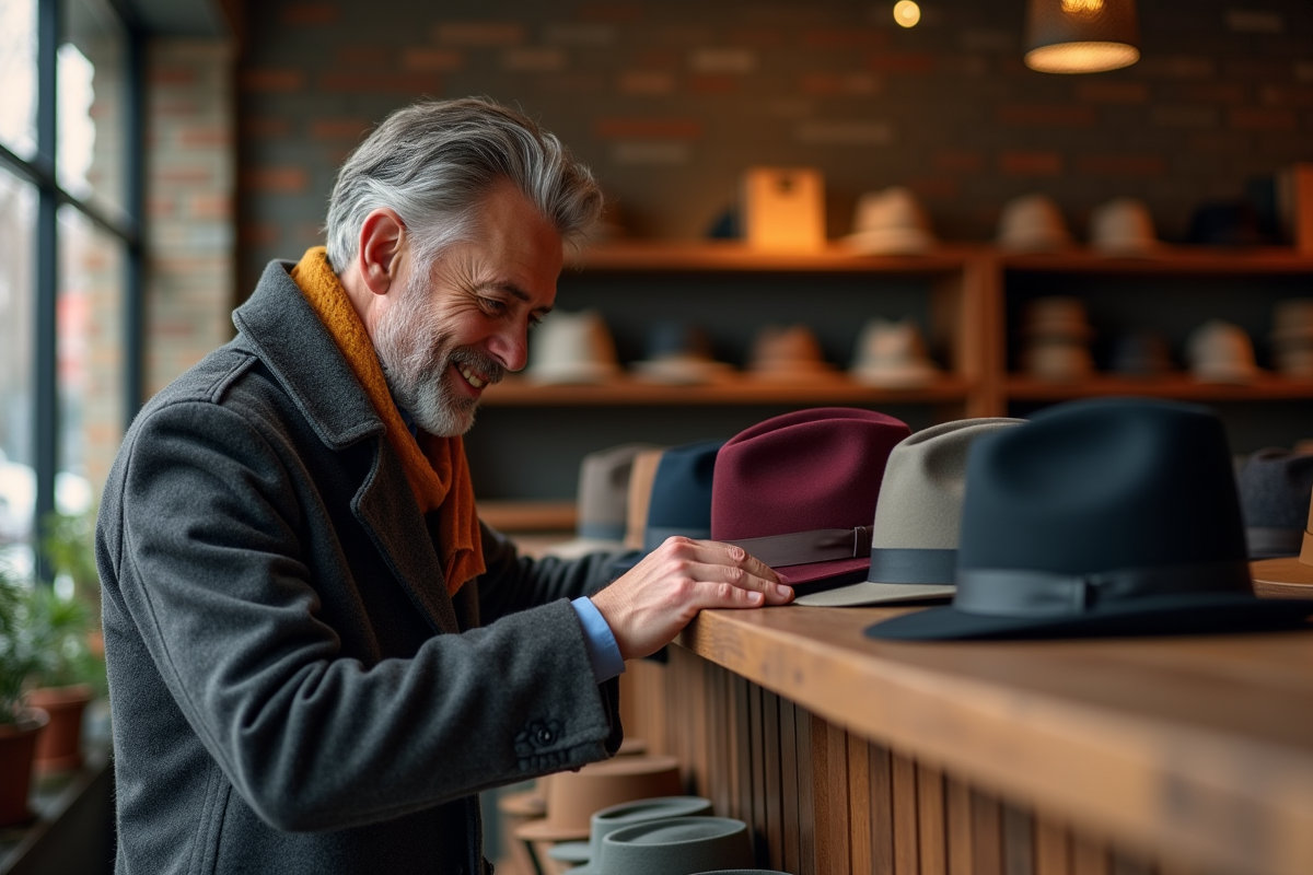 Homme choisissant un chapeau dans une boutique chaleureuse