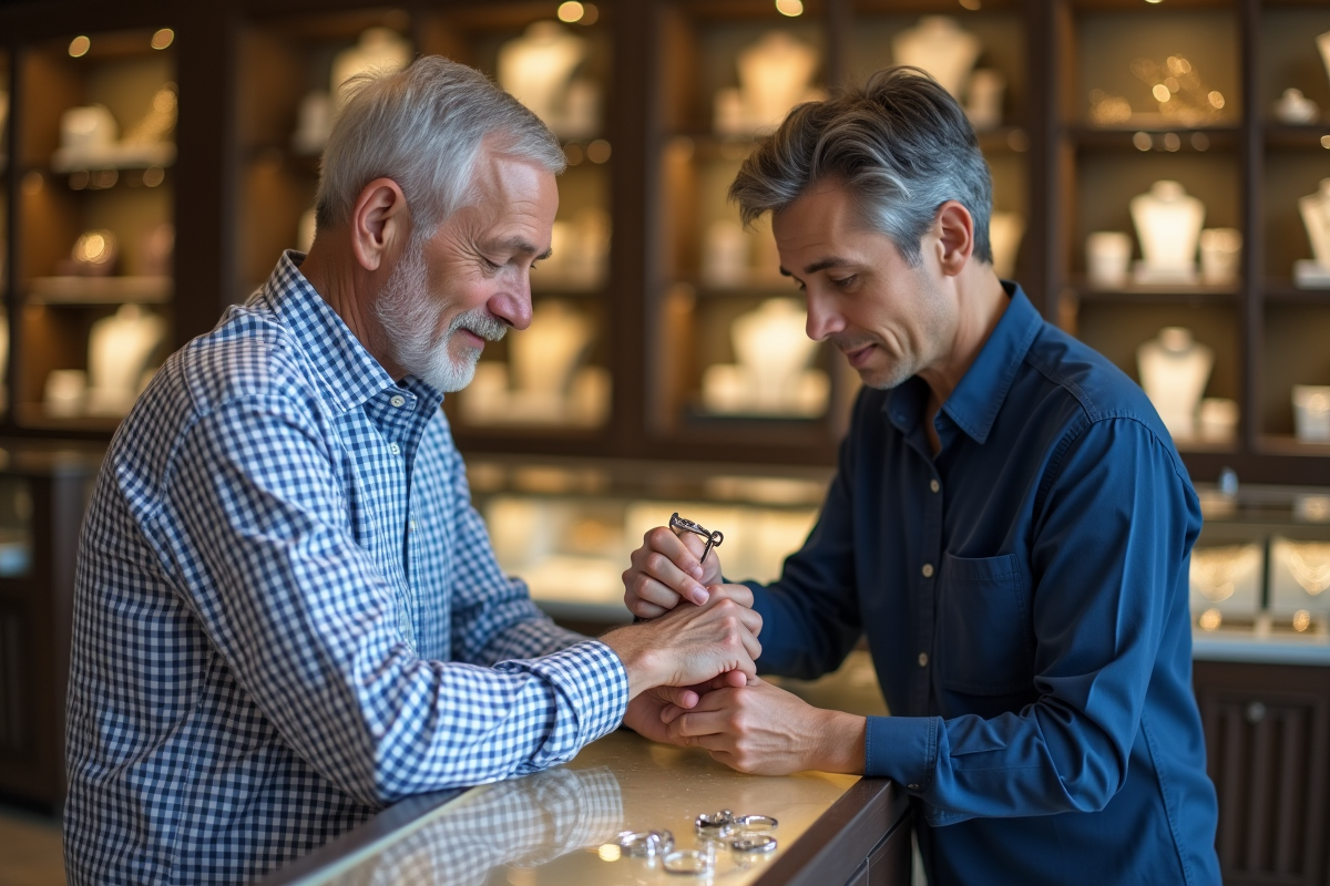 Homme faisant mesurer sa taille de doigt par un bijoutier