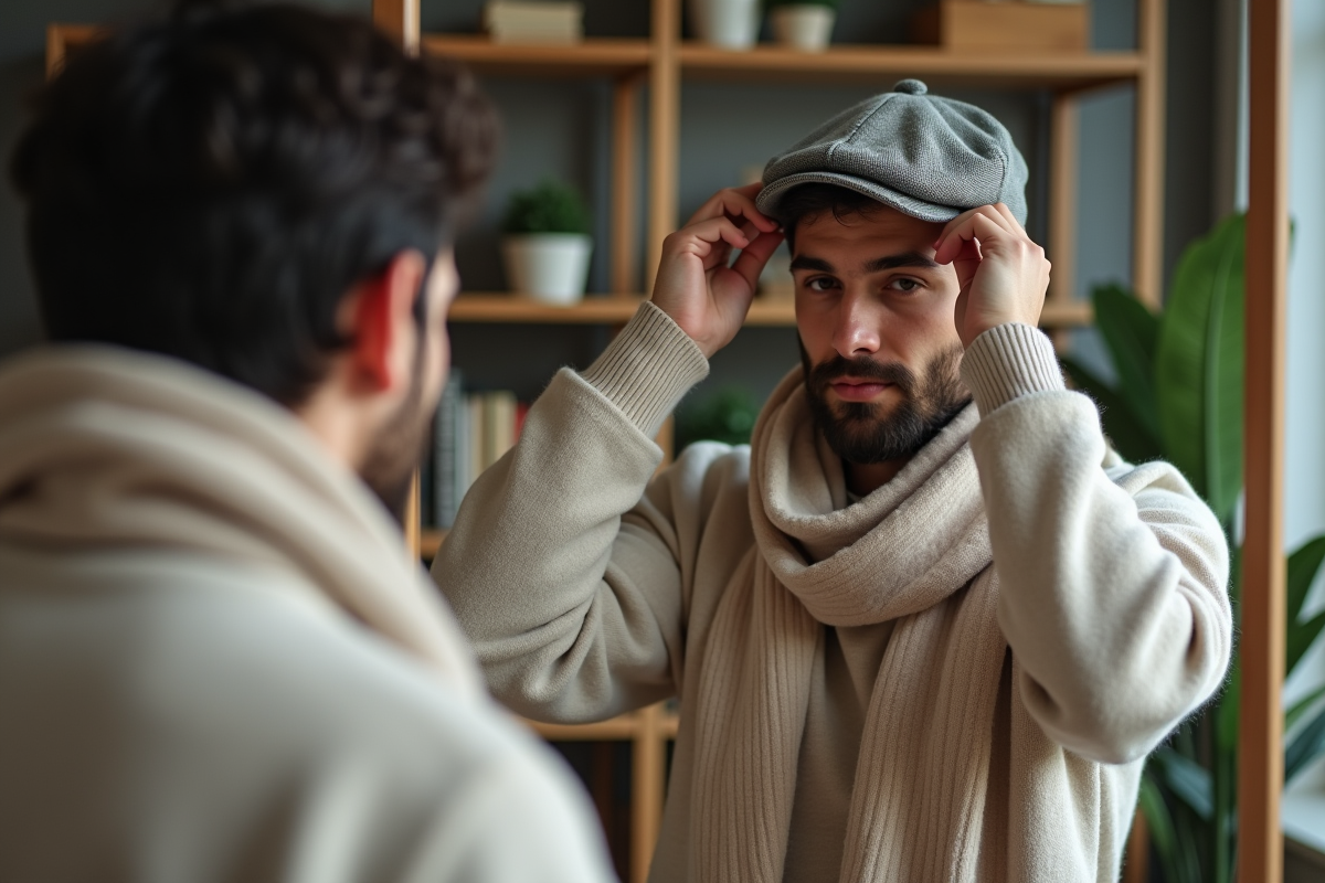 Homme ajustant son chapeau dans un appartement cosy