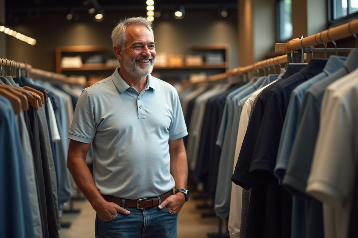 Homme souriant parcourant les vêtements dans un magasin de mode