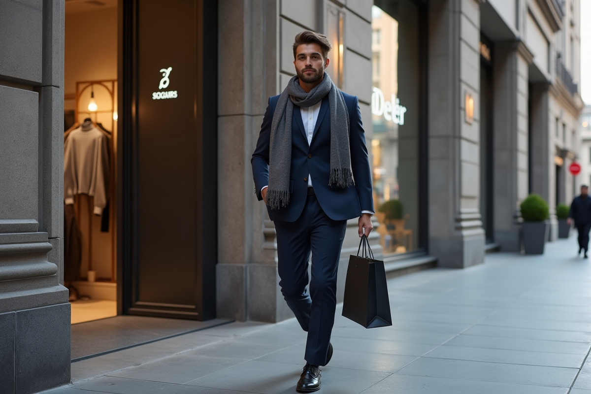 Jeune homme en costume marchant en ville