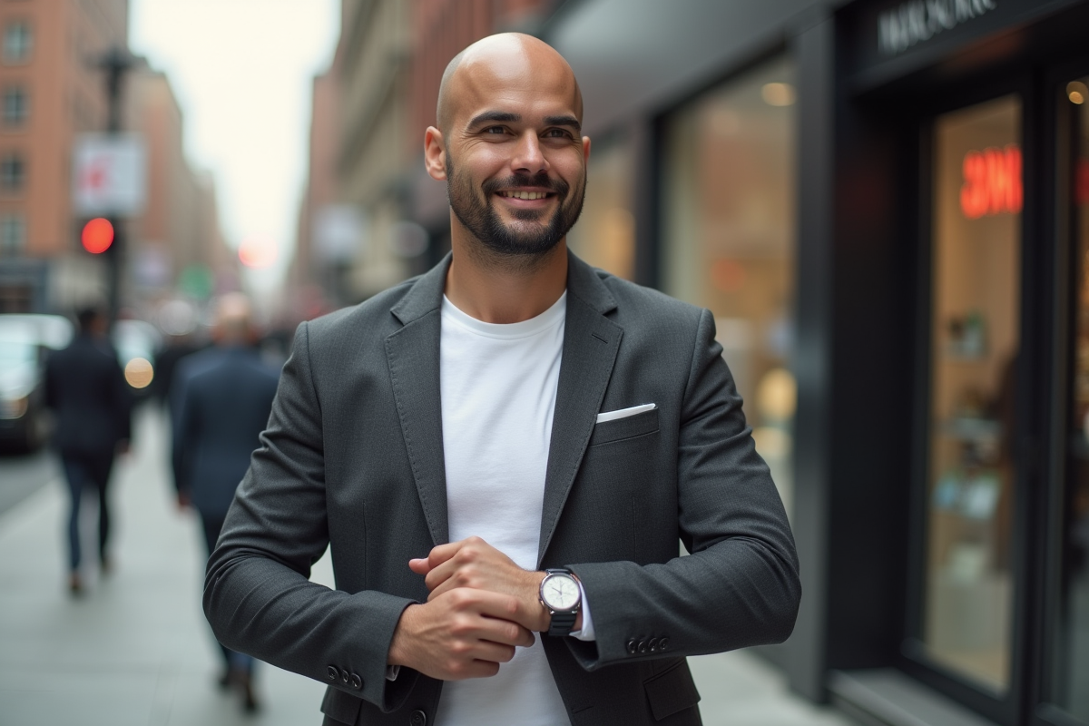 Jeune homme en blazer ajusté en rue urbaine