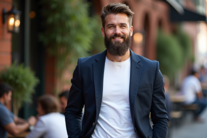 Homme &eacute;l&eacute;gant avec barbe en ville en ext&eacute;rieur