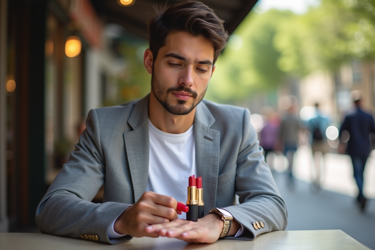 Jeune homme testant différentes teintes de rouge à lèvres en extérieur
