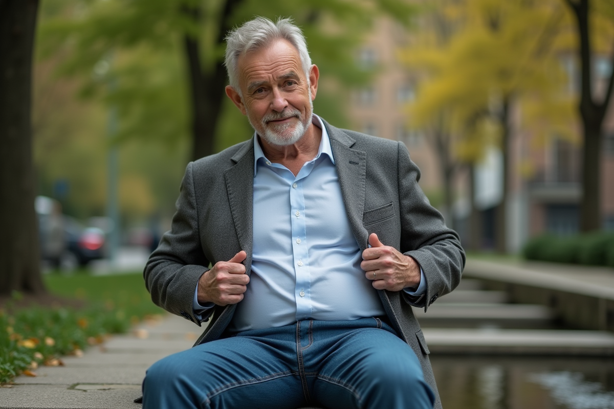 Homme décontracté ajustant sa veste dans un parc