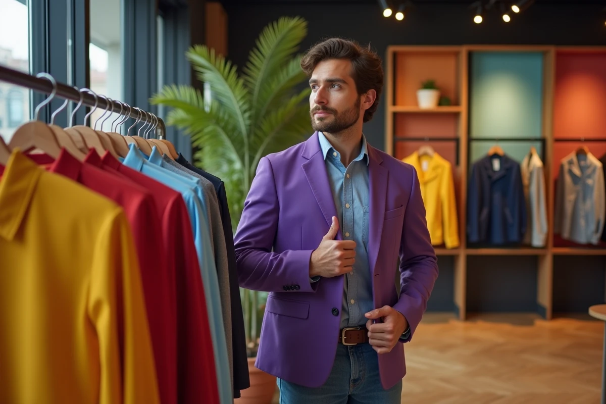 Jeune homme choisissant entre veste violette et chemises dans une boutique